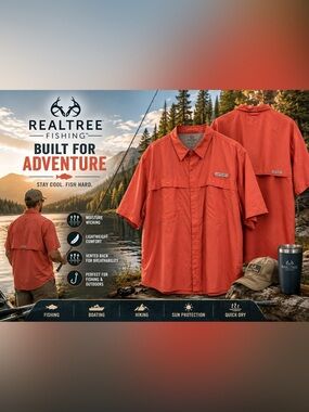 Realtree Fishing Men's Coral Short Sleeve Performance Button Front Shirt 2XL